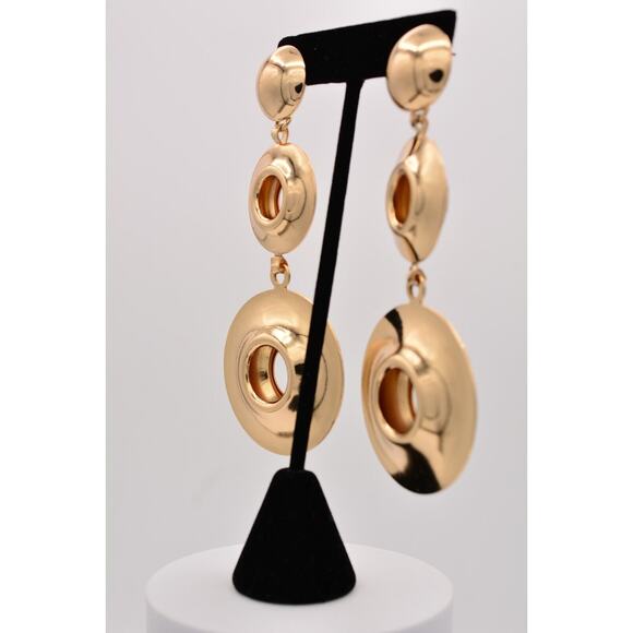 Vintage Chunky Dangle Earrings Shiny Gold Tone Puffy Metal Bold Long 1990s BinZ - Picture 3 of 12